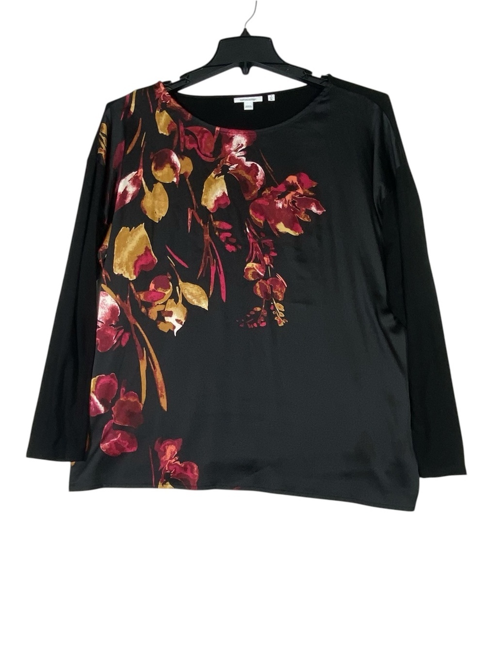 Chico’s Floral Top Women's 3 (XL) Black Long Sleeve Crew Neck Satin Panel Casual
